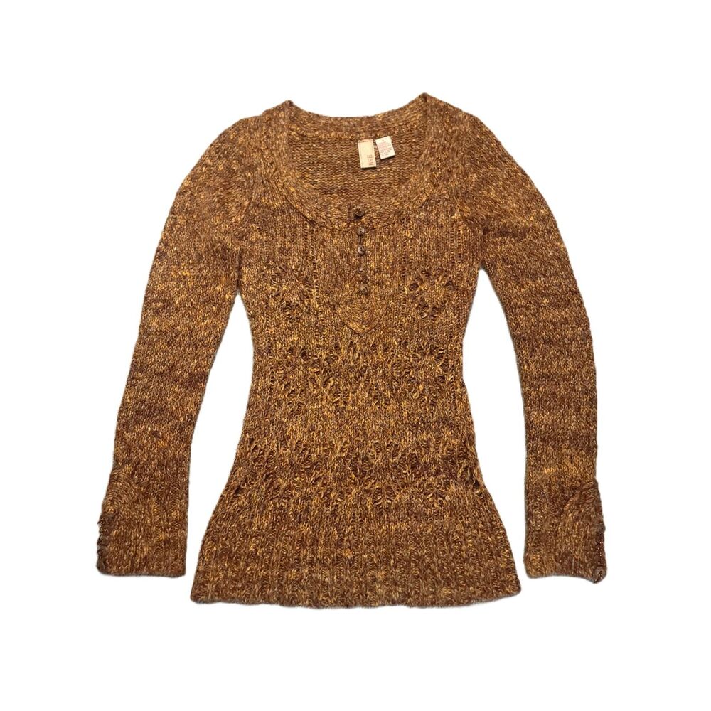 BKE Buckle Metallic Thread Knit Sweater Womens S Fitted Pullover Buttons Top